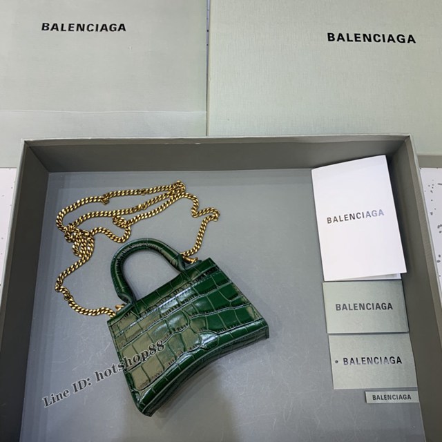 Balenciaga專櫃爆款手提女包 巴黎世家鱷魚紋牛皮墨綠mini Hourglass沙漏包 fyj1011